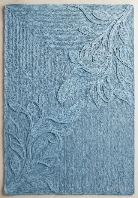 Handwoven Jute Rug with Textured Floral Border Design, Natural Fiber Rug