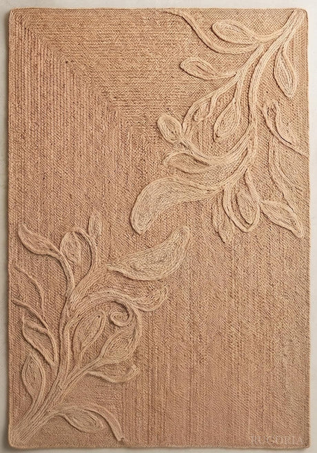 Handwoven Jute Rug with Textured Floral Border Design, Natural Fiber Rug