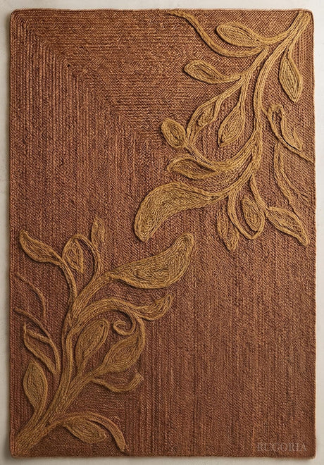Handwoven Jute Rug with Textured Floral Border Design, Natural Fiber Rug