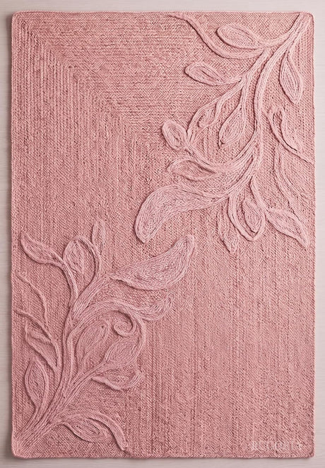 Handwoven Jute Rug with Textured Floral Border Design, Natural Fiber Rug