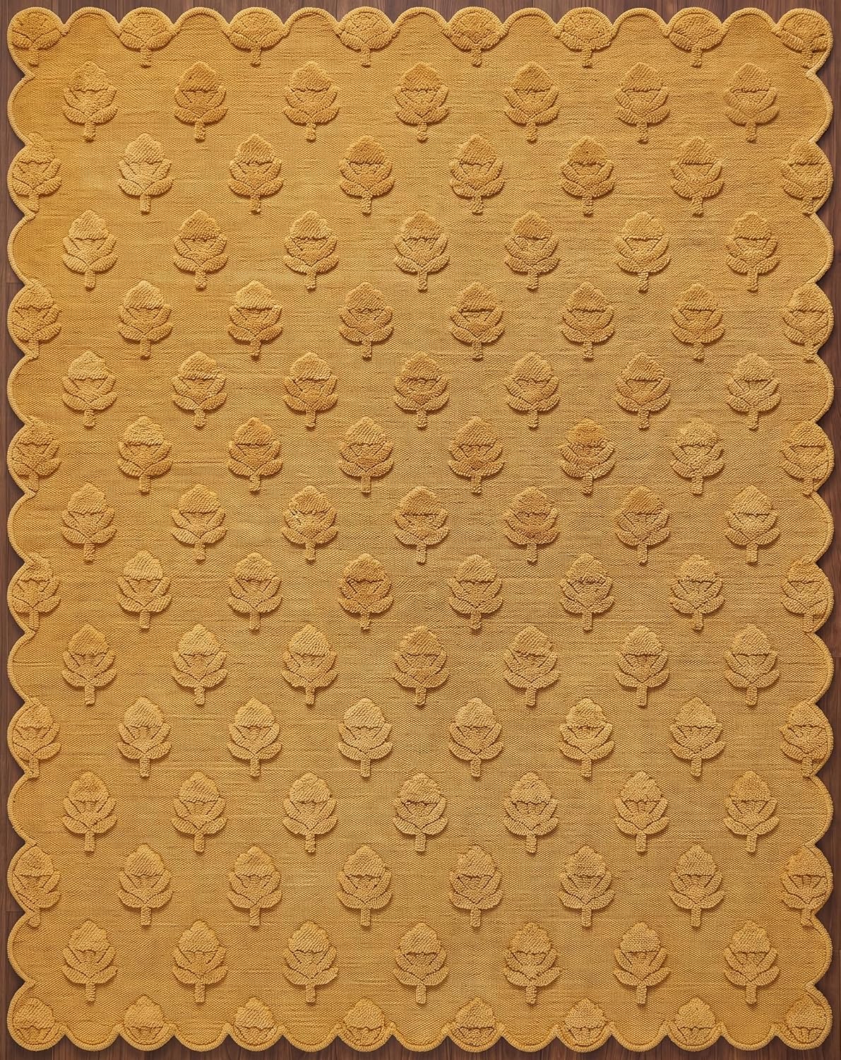 Hand Tufted Wool Rug, Floral Botanical Pattern with Scalloped