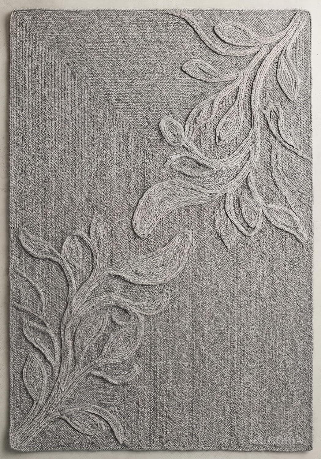 Handwoven Jute Rug with Textured Floral Border Design, Natural Fiber Rug