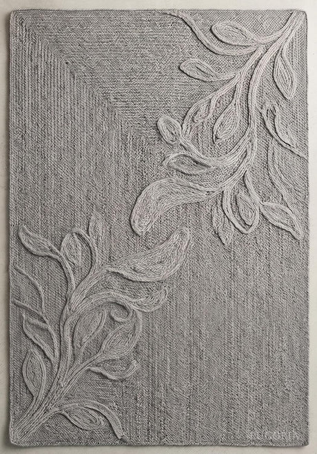 Handwoven Jute Rug with Textured Floral Border Design, Natural Fiber Rug