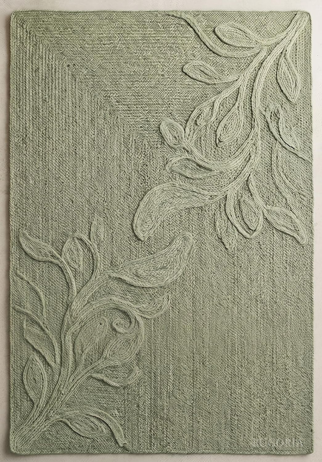 Handwoven Jute Rug with Textured Floral Border Design, Natural Fiber Rug