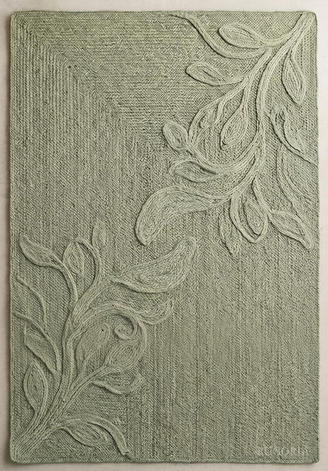Handwoven Jute Rug with Textured Floral Border Design, Natural Fiber Rug
