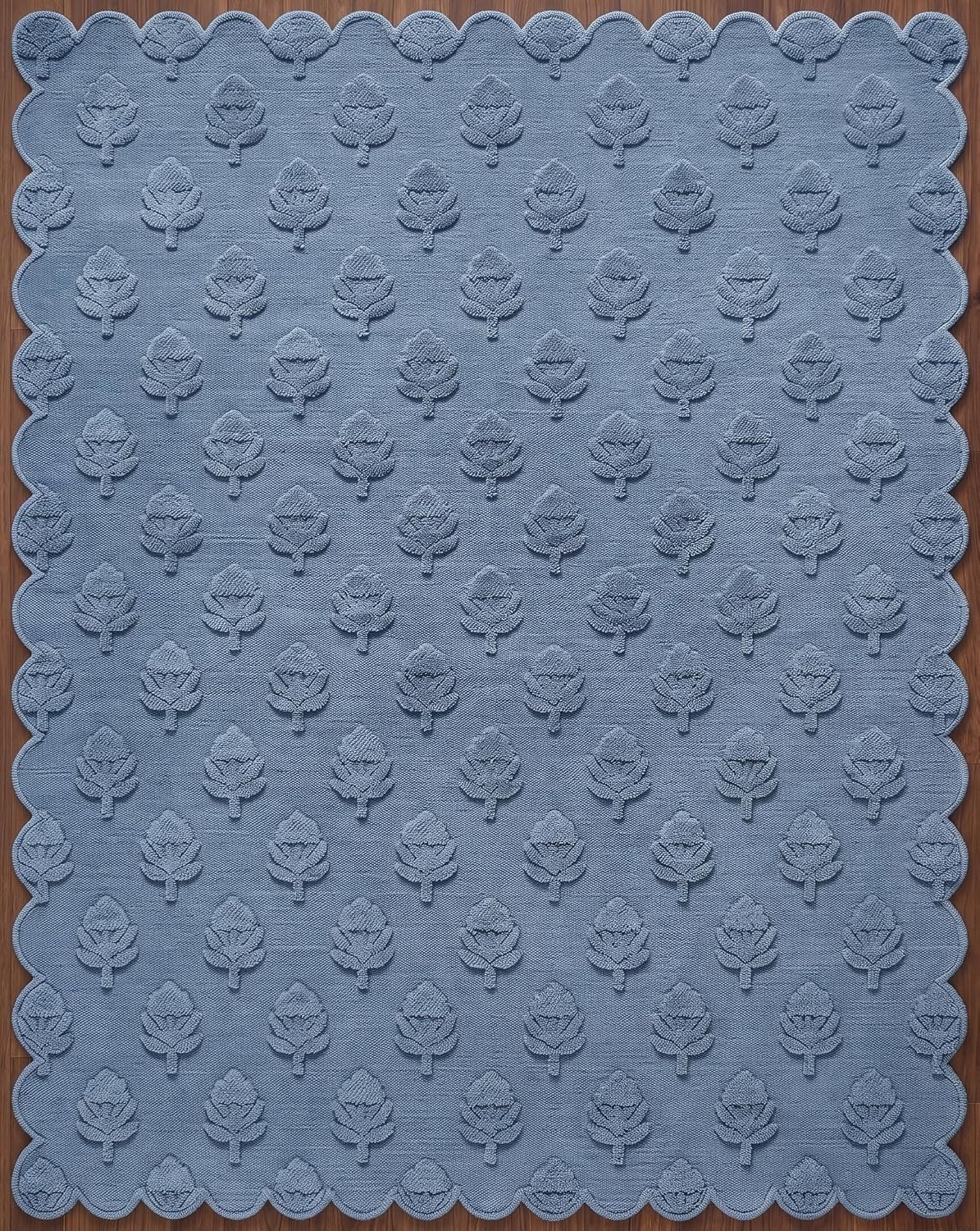 Hand Tufted Wool Rug, Floral Botanical Pattern with Scalloped