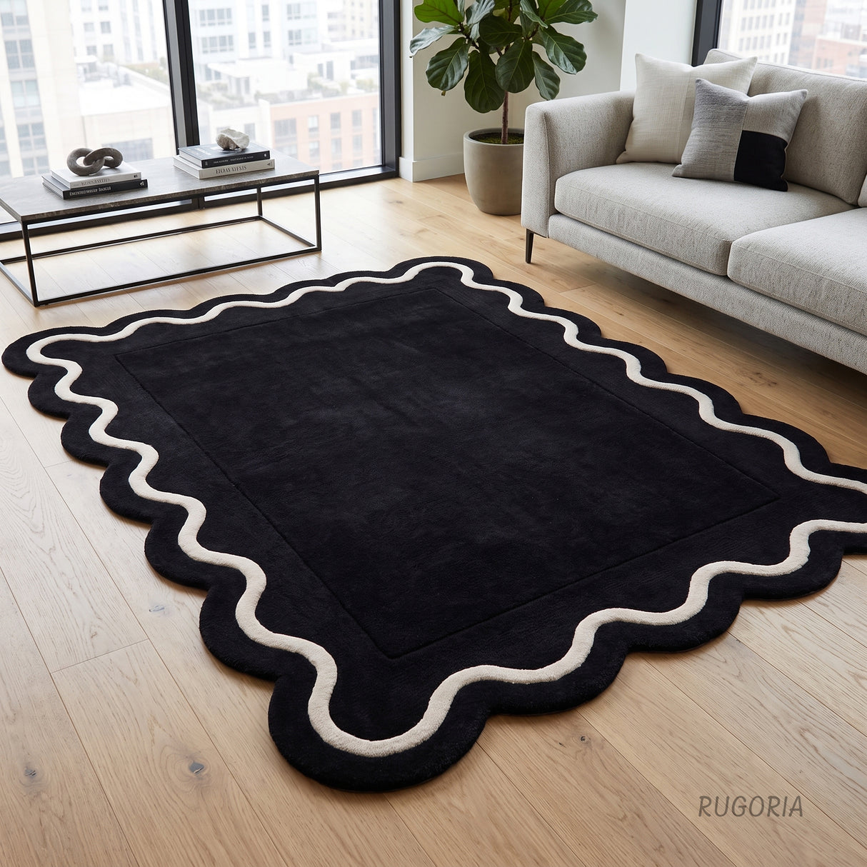 Modern Hand Tufted Wool Rug | Handmade Scalloped Border Carpet