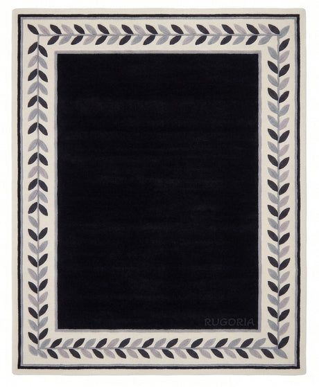Modern Hand Tufted Wool Rug, Botanical Leaf Border Design
