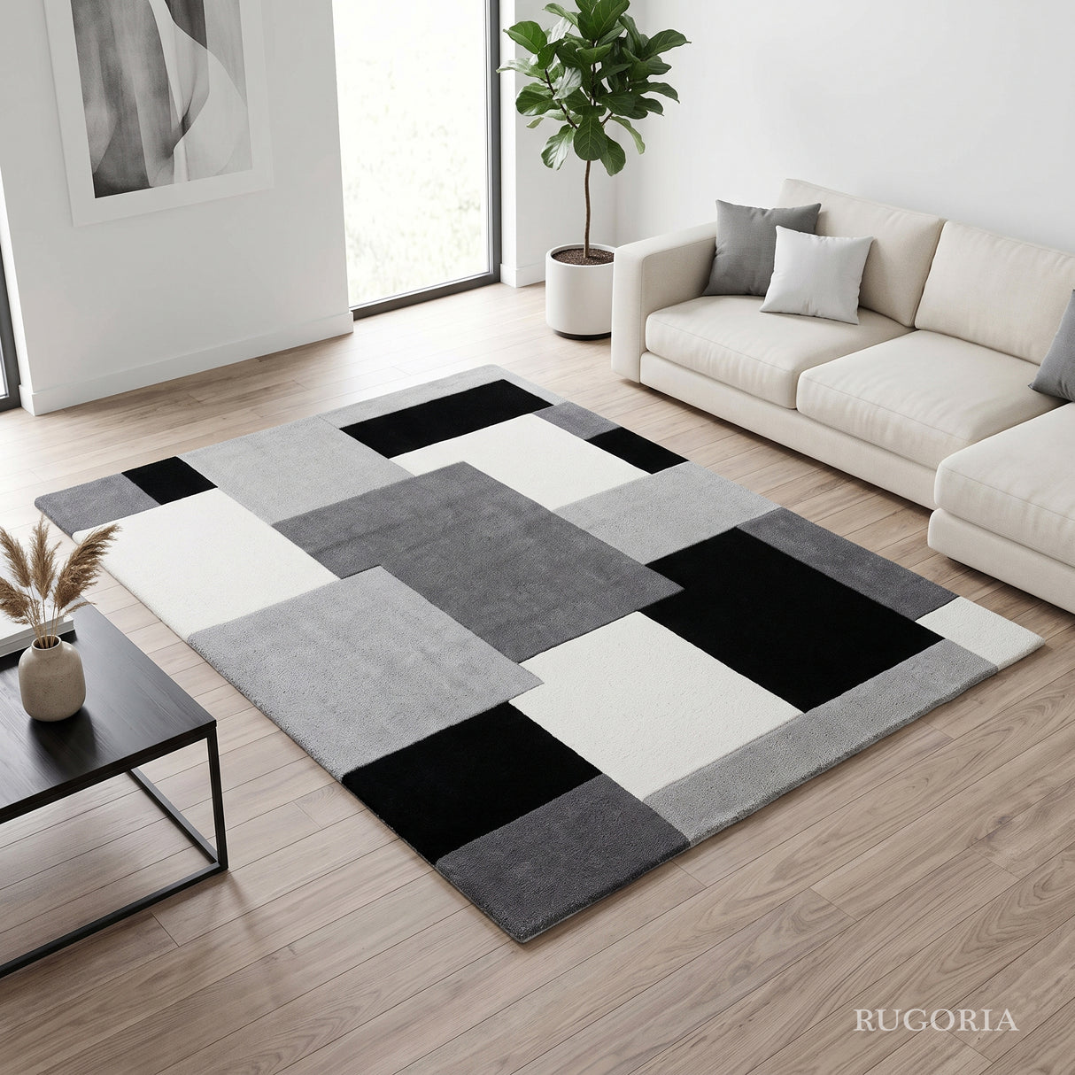 Modern Hand Tufted Wool Area Rug, Geometric Block Pattern