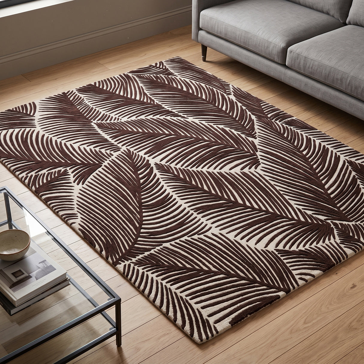 Hand Tufted Wool Area Rug, Tropical Palm Leaf Botanical Design