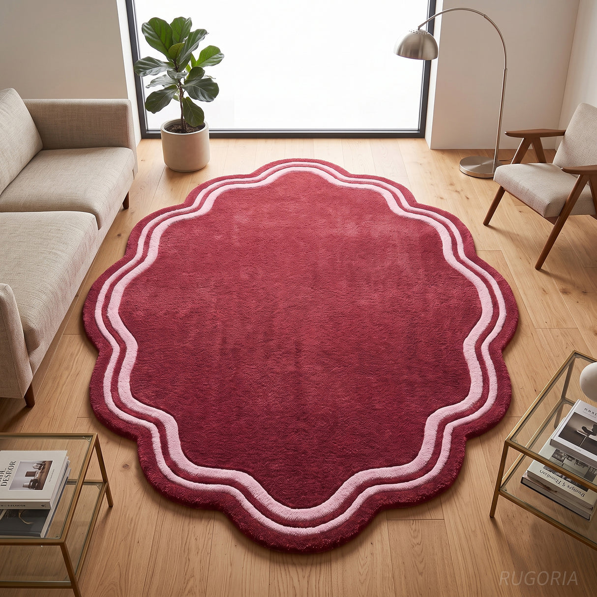 Modern Hand Tufted Wool Area Rug, Scalloped Border Design