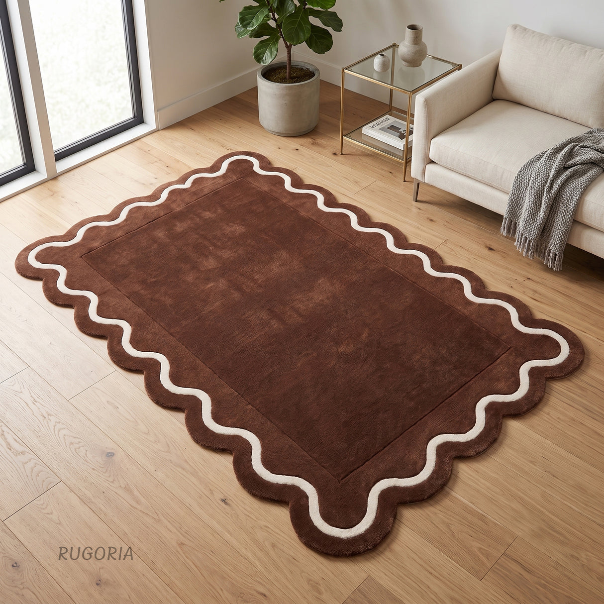 Modern Hand Tufted Wool Rug | Handmade Scalloped Border Carpet