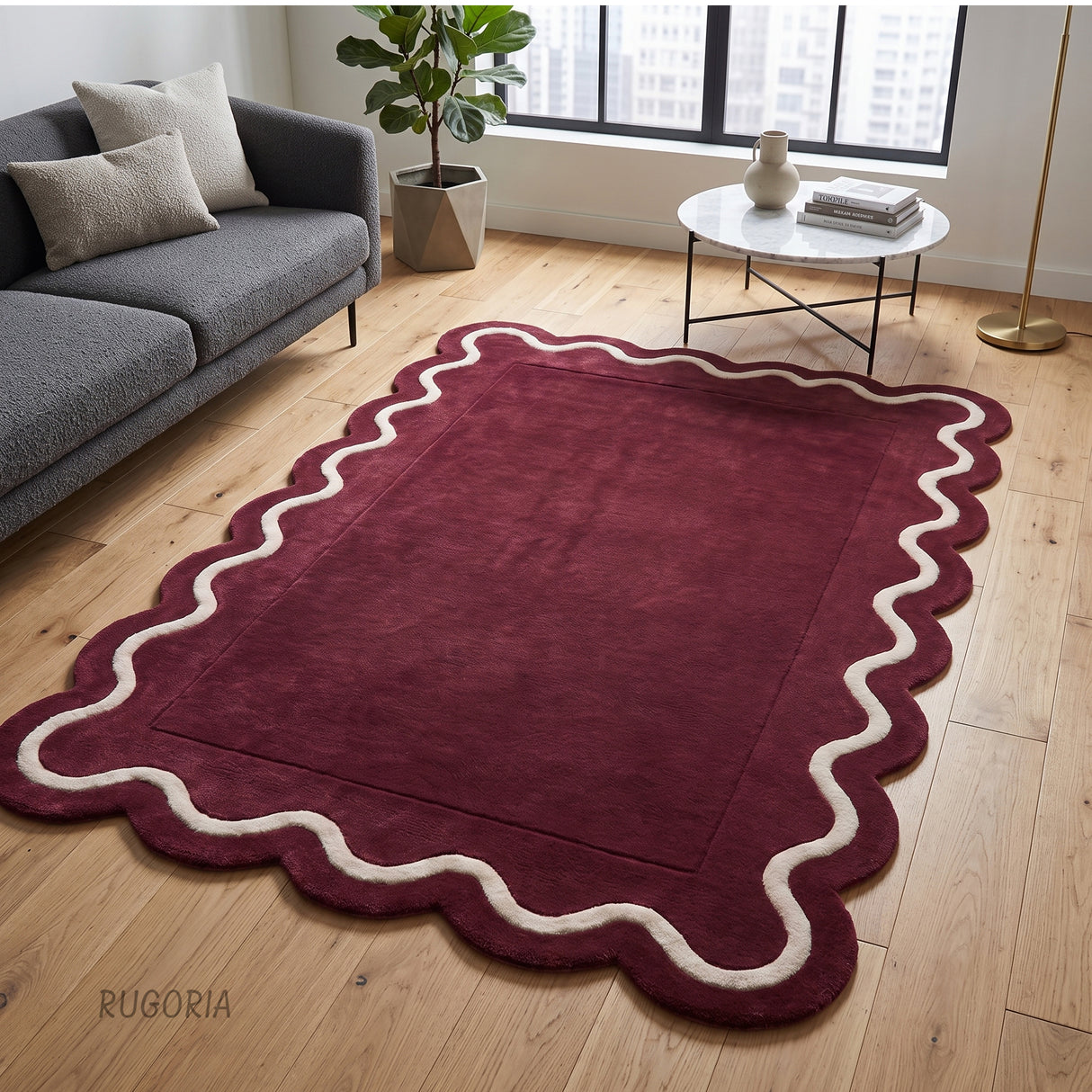 Modern Hand Tufted Wool Rug | Handmade Scalloped Border Carpet