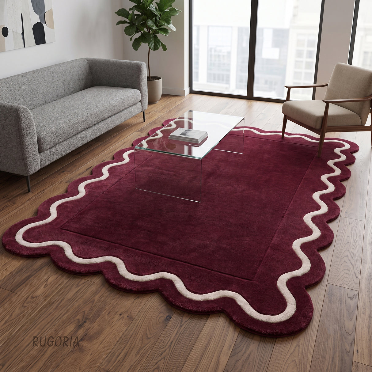Modern Hand Tufted Wool Rug | Handmade Scalloped Border Carpet