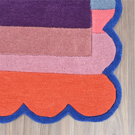 Multicolor Scalloped Edge Wool Rug - Premium Handmade Floor Mat for Living Room, Bedroom & Home Decor