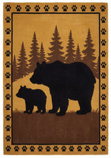 Hand Tufted Wool Area Rug, Bear Family Forest Wildlife Design with Pine Trees