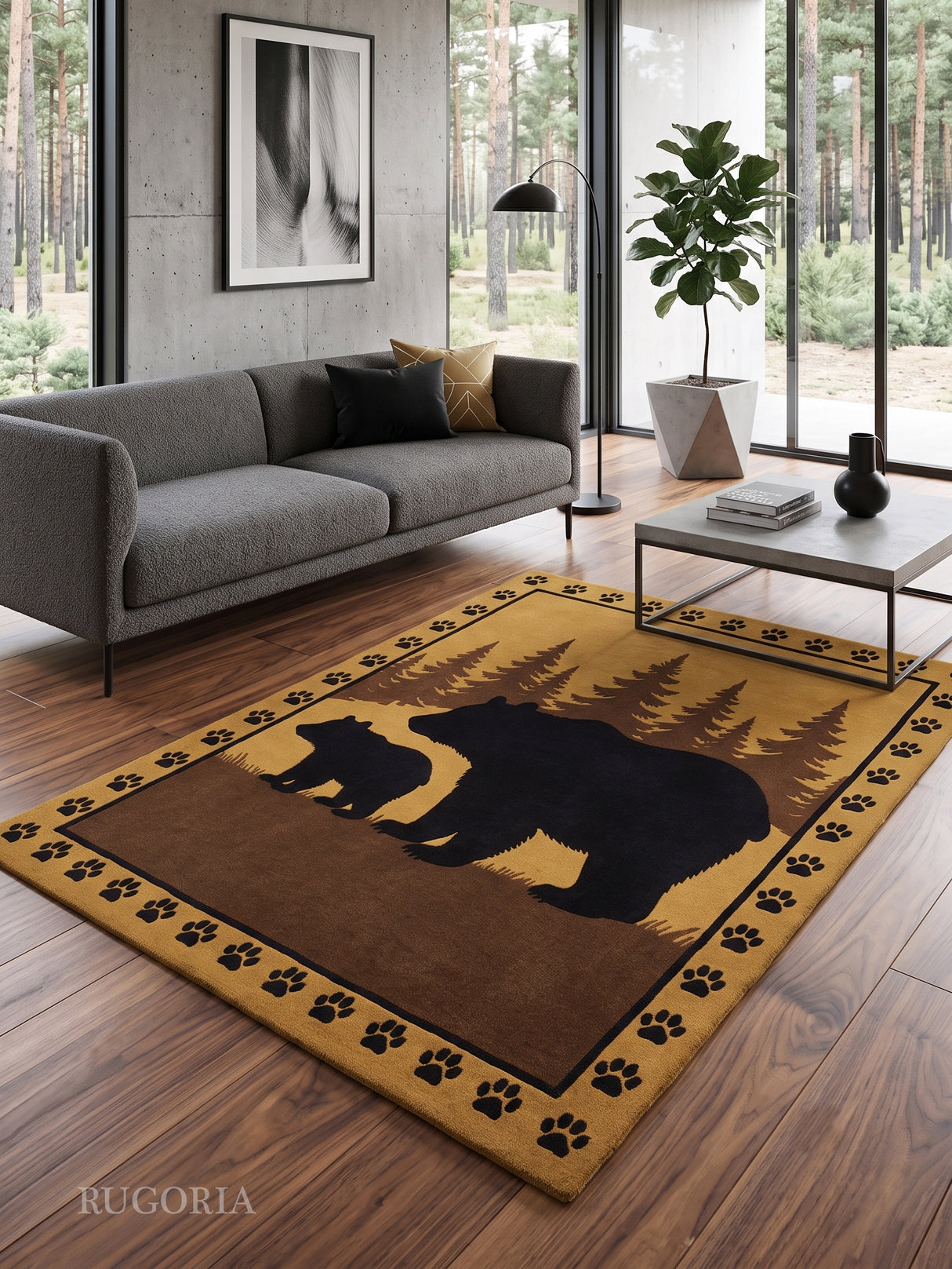 Hand Tufted Wool Area Rug, Bear Family Forest Wildlife Design with Pine Trees