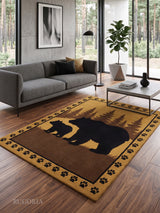 Hand Tufted Wool Area Rug, Bear Family Forest Wildlife Design with Pine Trees