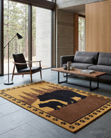 Hand Tufted Wool Area Rug, Bear Family Forest Wildlife Design with Pine Trees