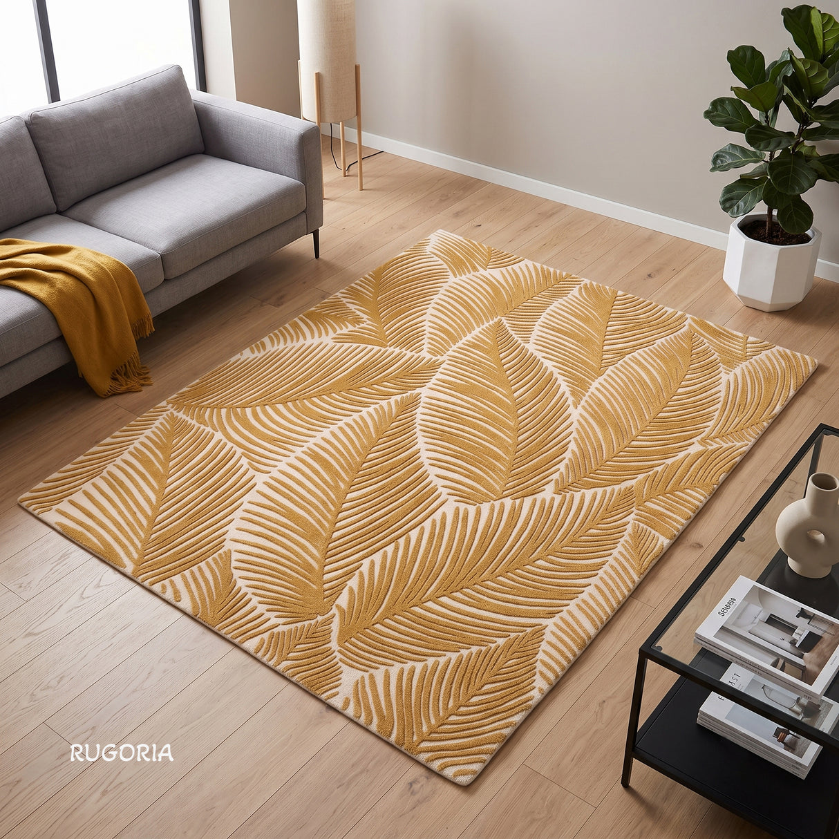 Hand Tufted Wool Area Rug, Tropical Palm Leaf Botanical Design
