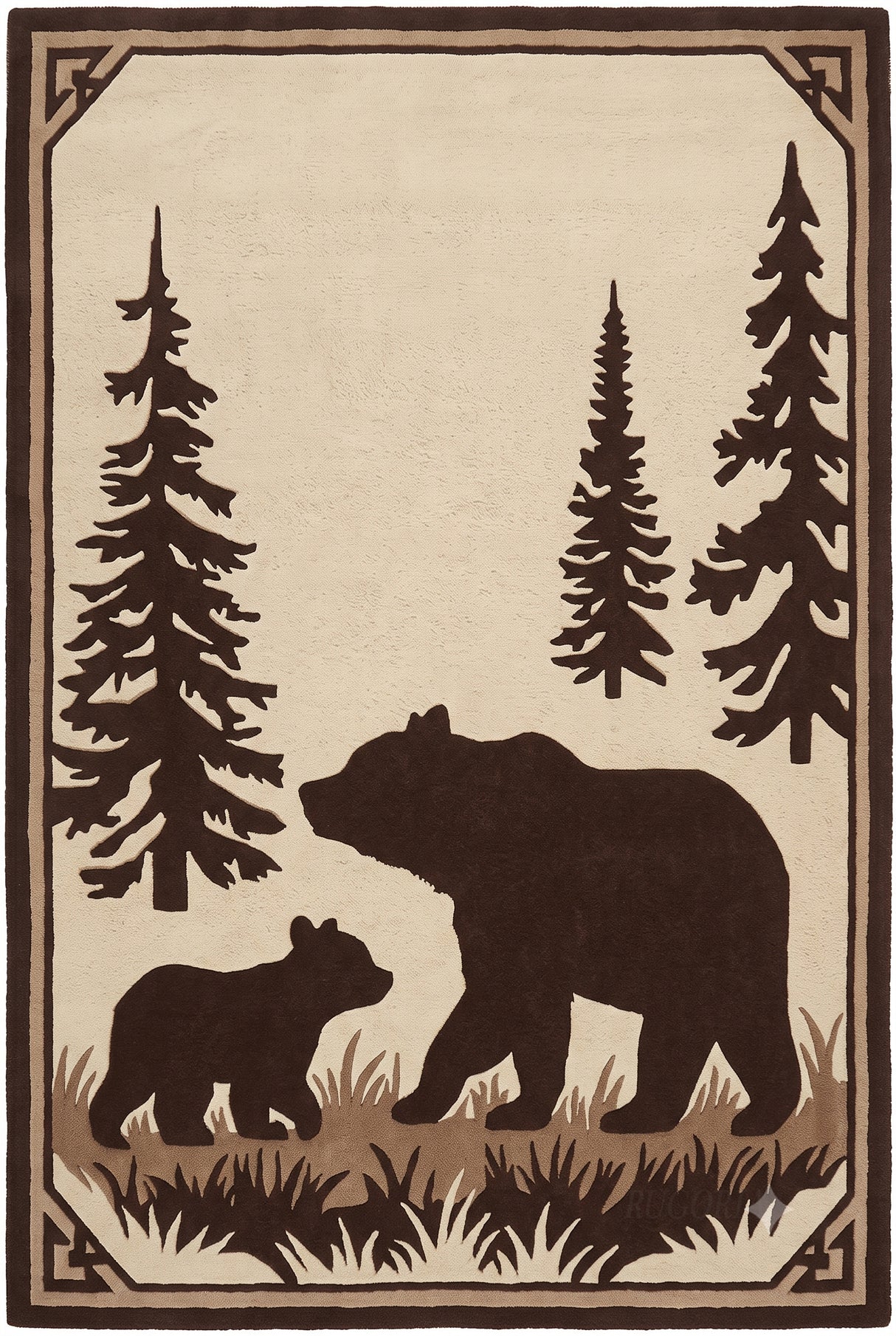 Hand Tufted Wool Area Rug, Bear Family Forest Wildlife Design with Pine Trees