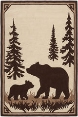 Hand Tufted Wool Area Rug, Bear Family Forest Wildlife Design with Pine Trees