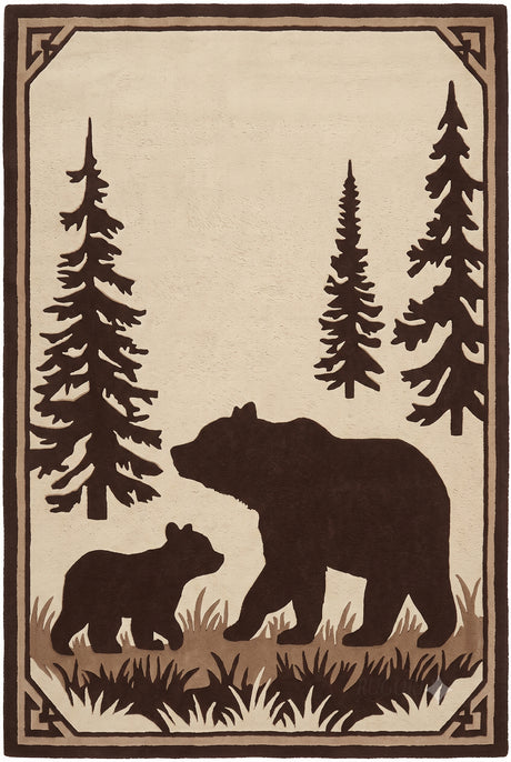 Hand Tufted Wool Area Rug, Bear Family Forest Wildlife Design with Pine Trees