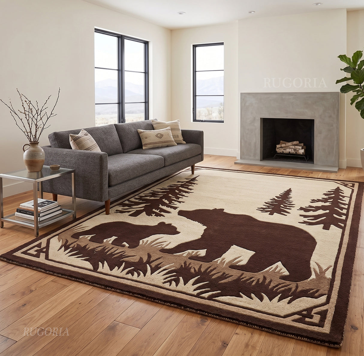 Hand Tufted Wool Area Rug, Bear Family Forest Wildlife Design with Pine Trees
