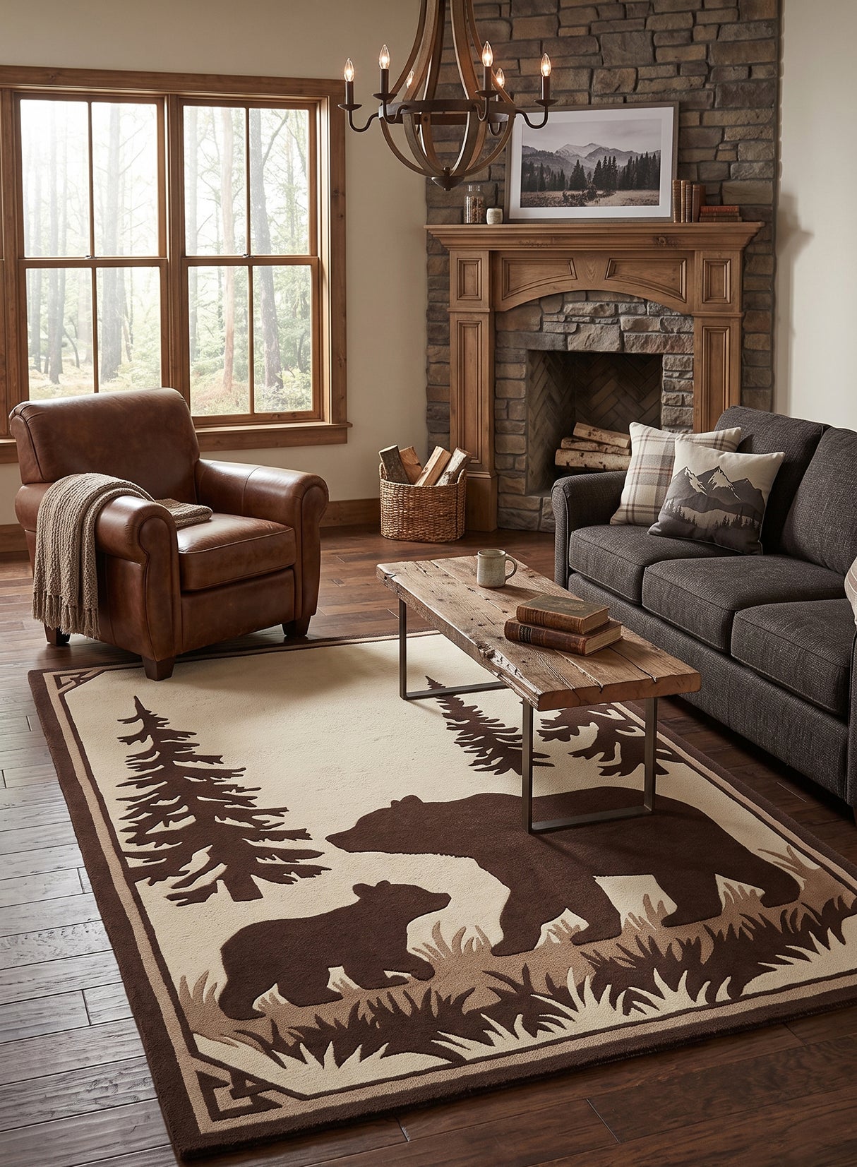 Hand Tufted Wool Area Rug, Bear Family Forest Wildlife Design with Pine Trees