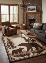 Hand Tufted Wool Area Rug, Bear Family Forest Wildlife Design with Pine Trees