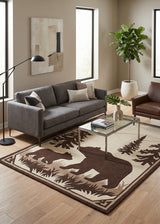 Hand Tufted Wool Area Rug, Bear Family Forest Wildlife Design with Pine Trees