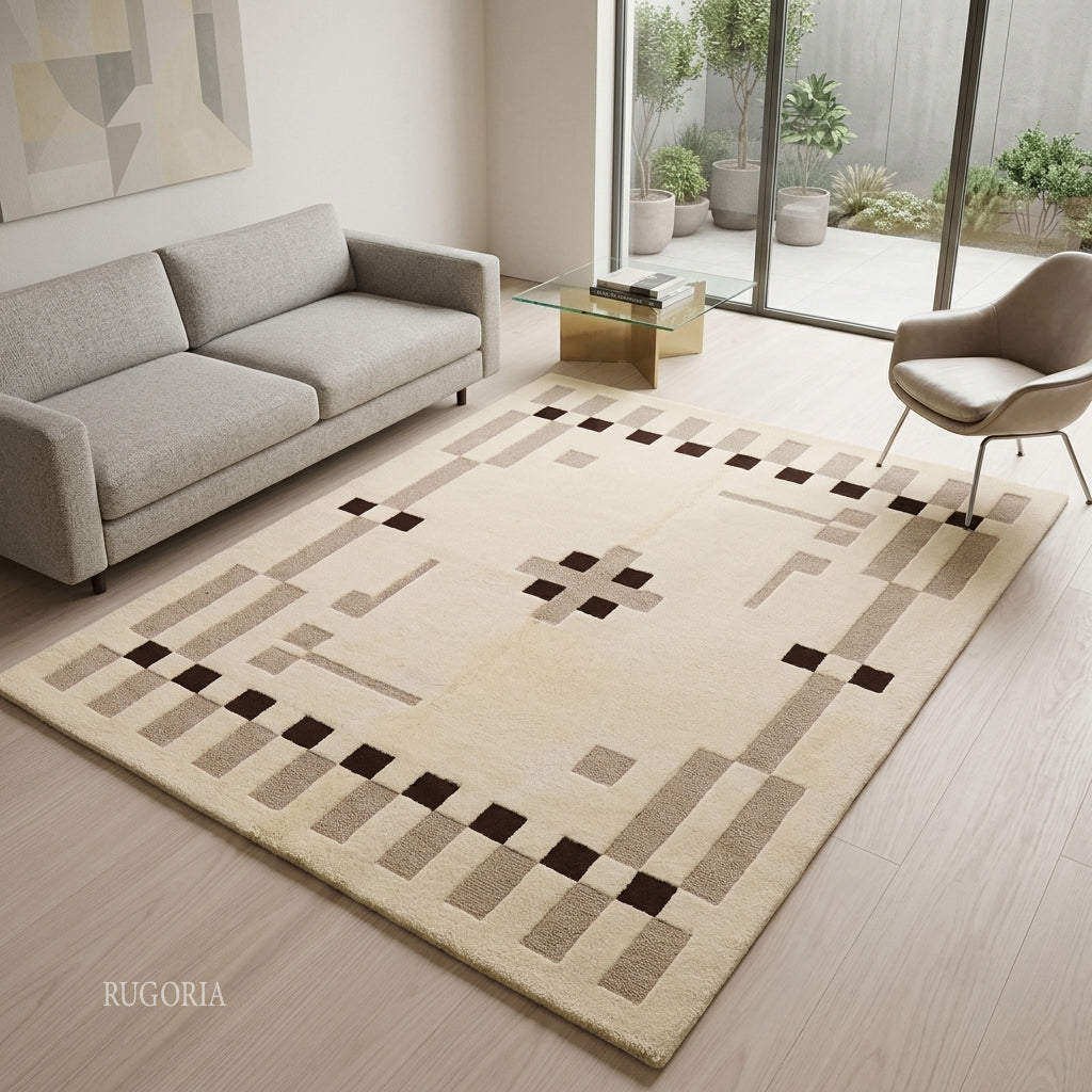 Hand Tufted Wool Rug, Modern Abstract Geometric Border Design