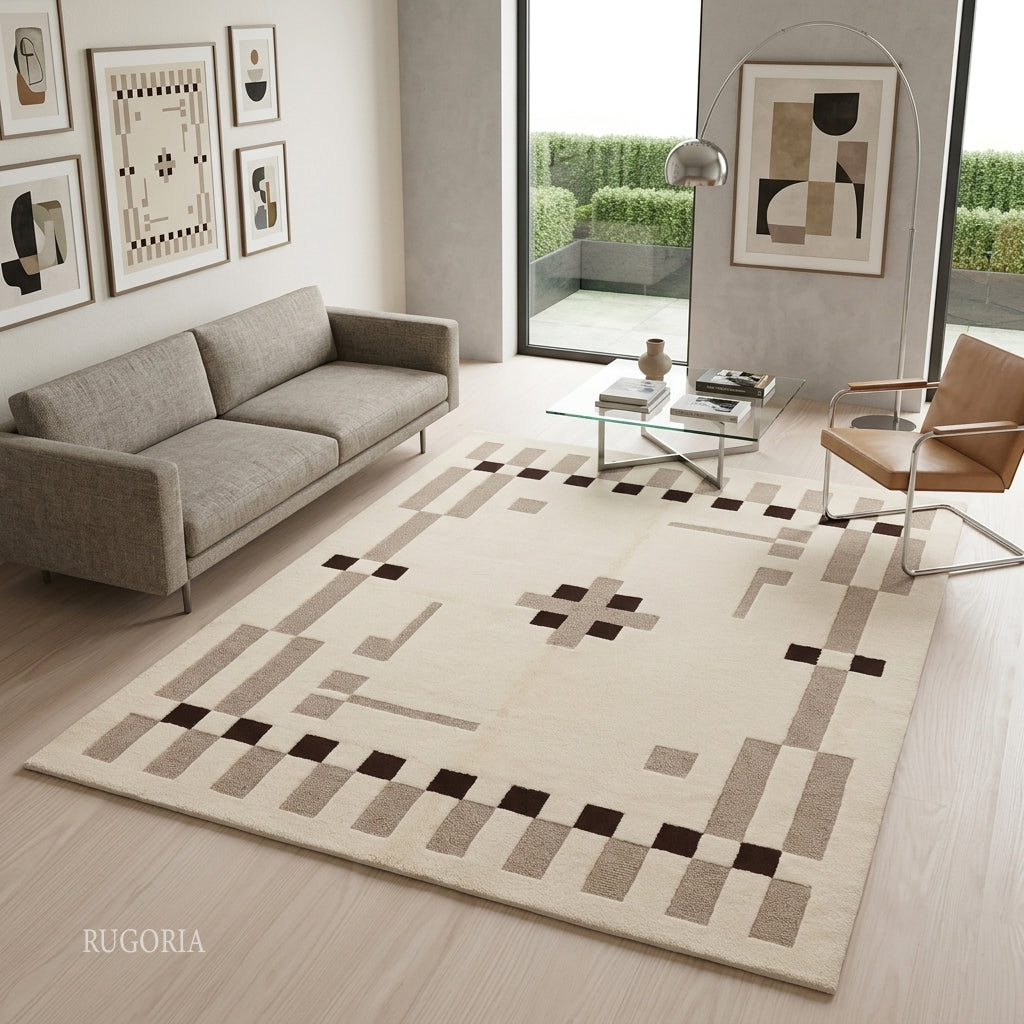 Hand Tufted Wool Rug, Modern Abstract Geometric Border Design