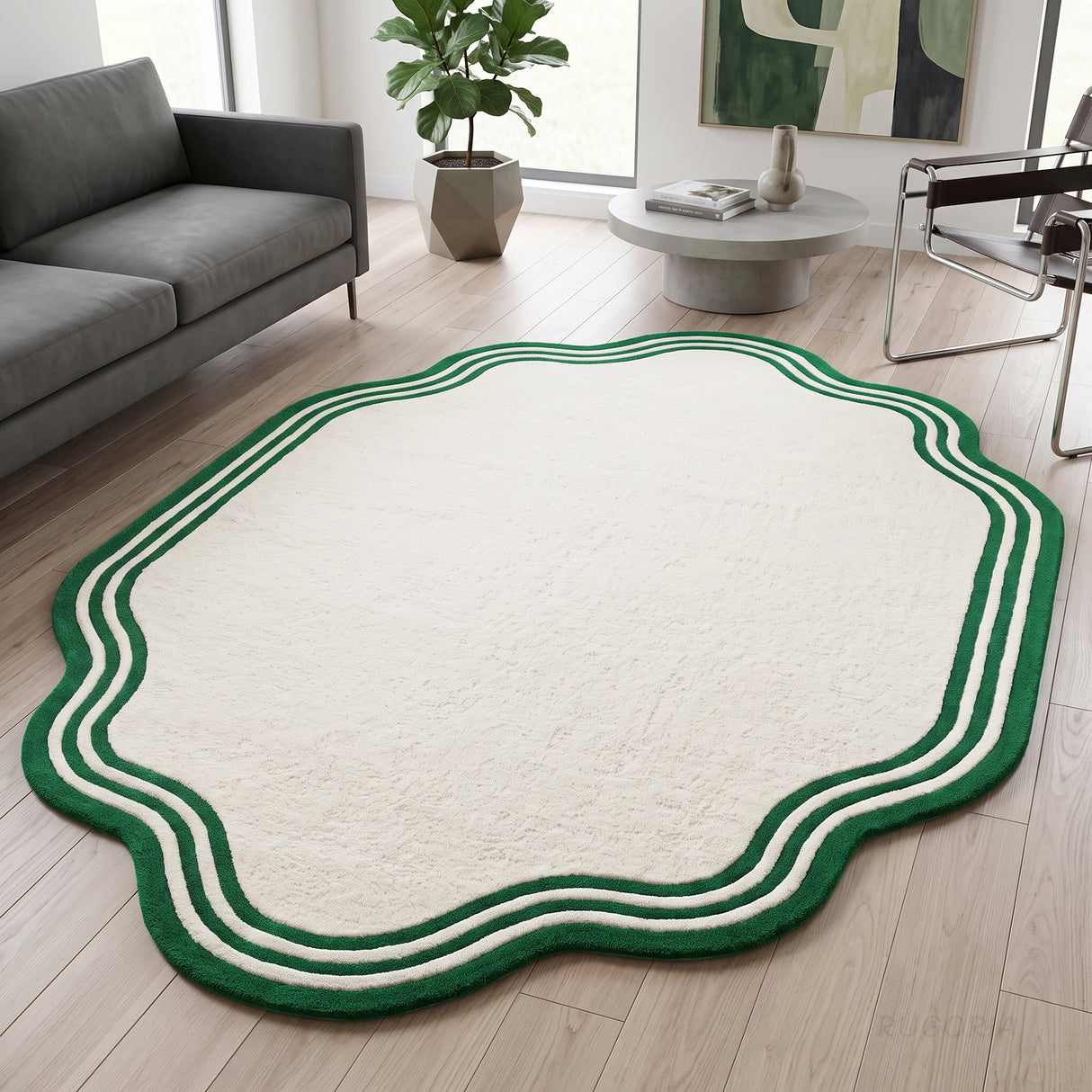 Modern Hand Tufted Wool Area Rug, Scalloped Border Design