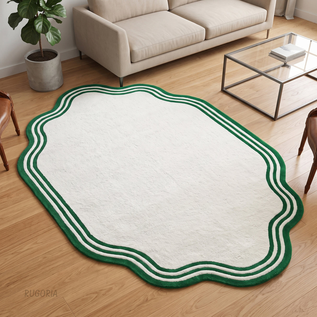 Modern Hand Tufted Wool Area Rug, Scalloped Border Design