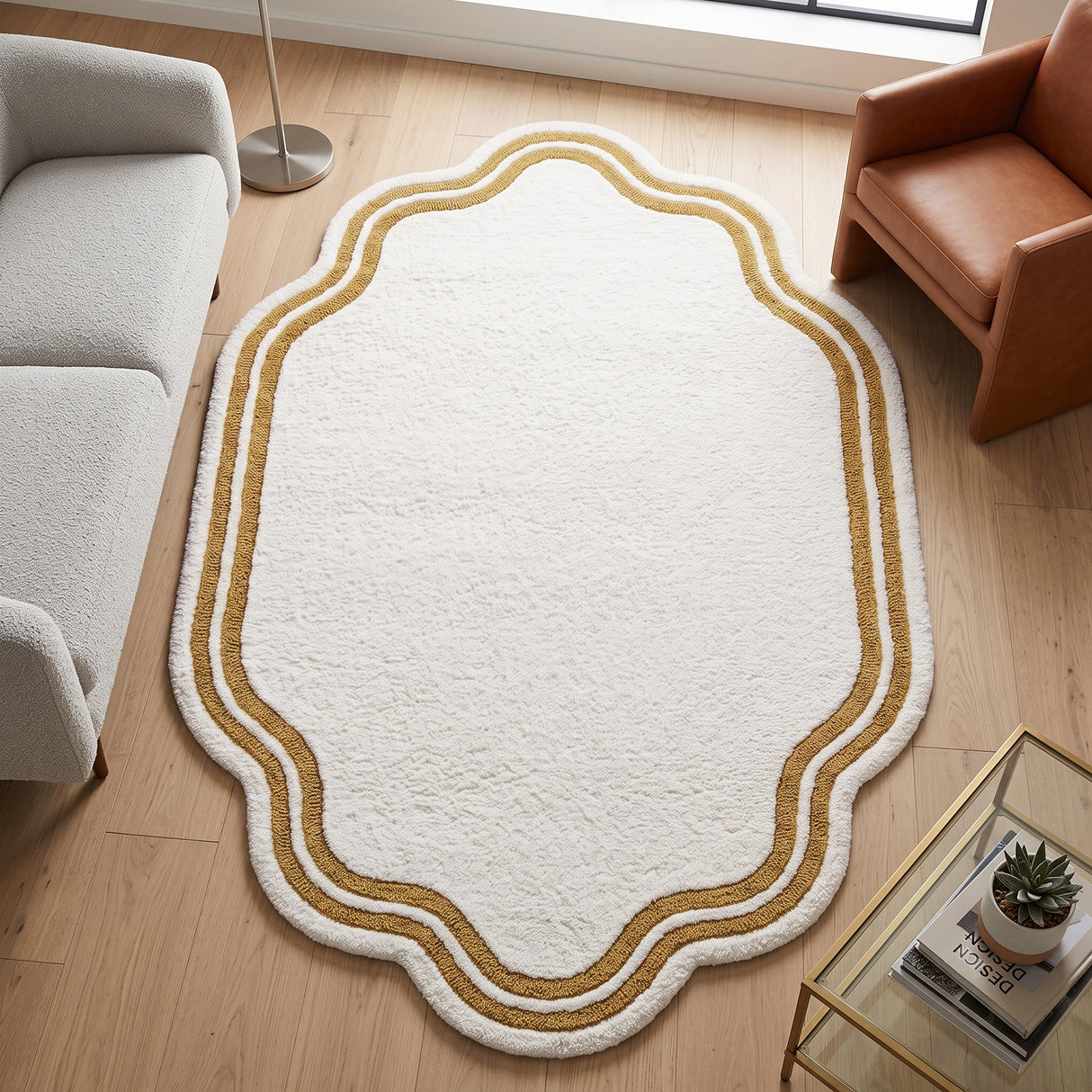 Modern Hand Tufted Wool Area Rug, Scalloped Border Design