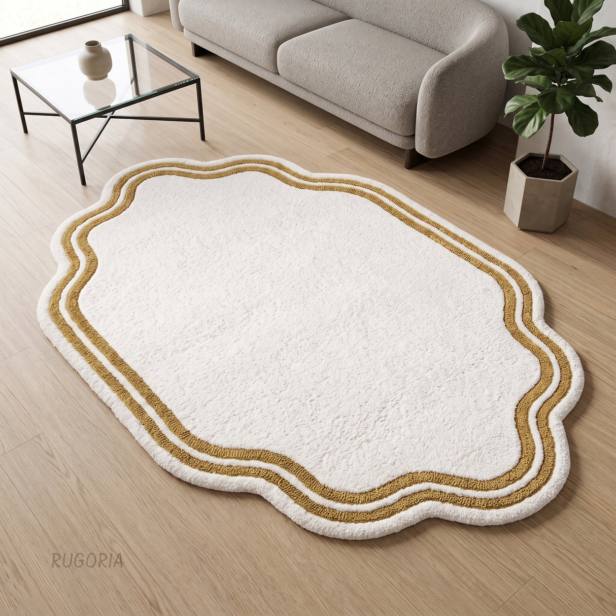 Modern Hand Tufted Wool Area Rug, Scalloped Border Design