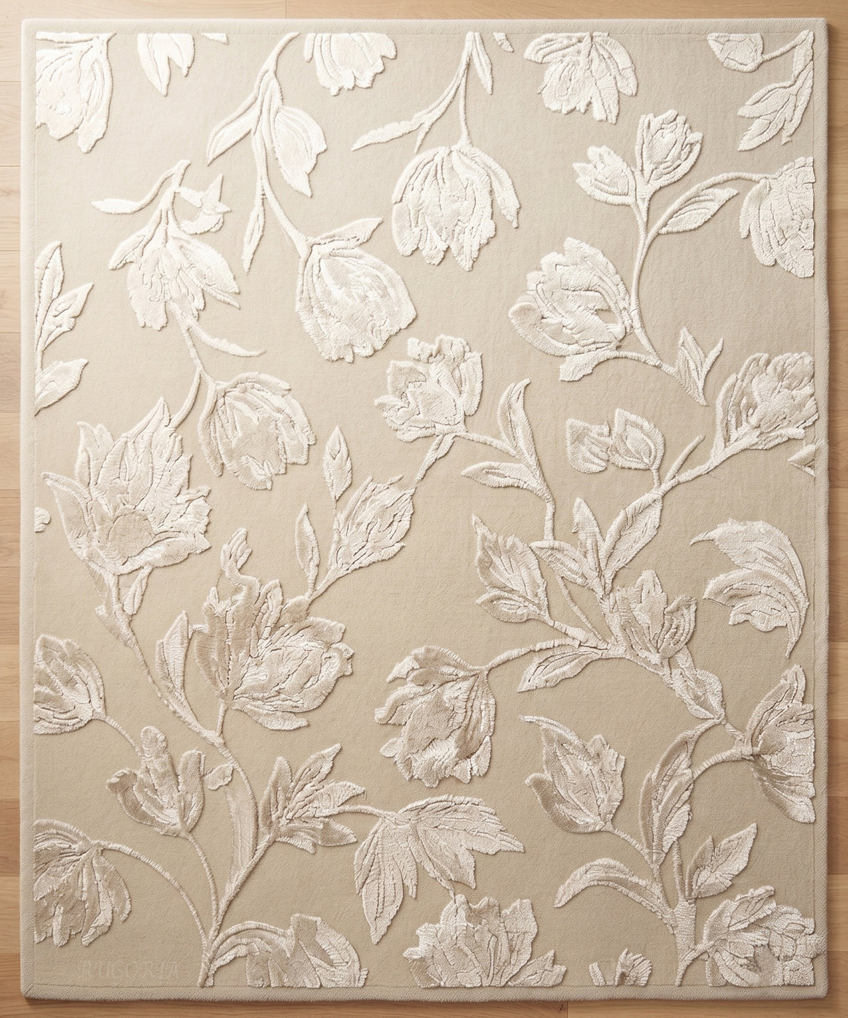 Hand Tufted Floral Wool Area Rug, Raised Botanical Carved Design