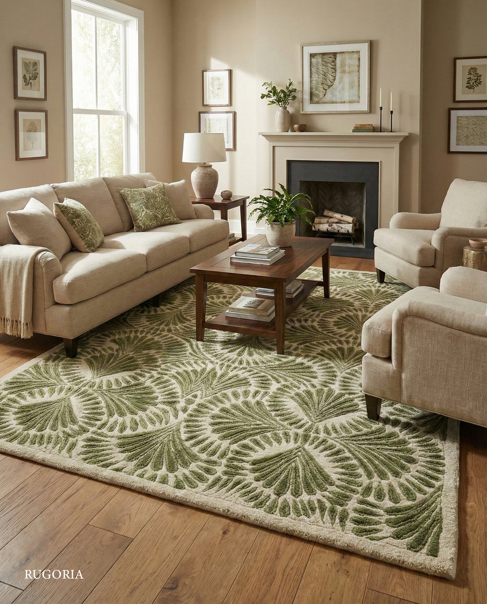 Modern Hand-Tufted Wool Area Rug, Botanical Gesigninkgo Leaf D