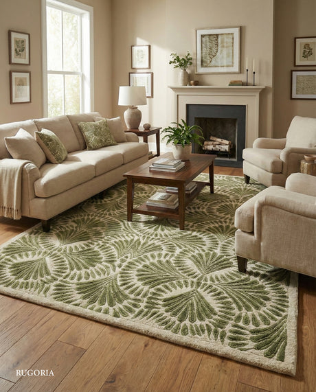 Modern Hand-Tufted Wool Area Rug, Botanical Ginkgo Leaf Design
