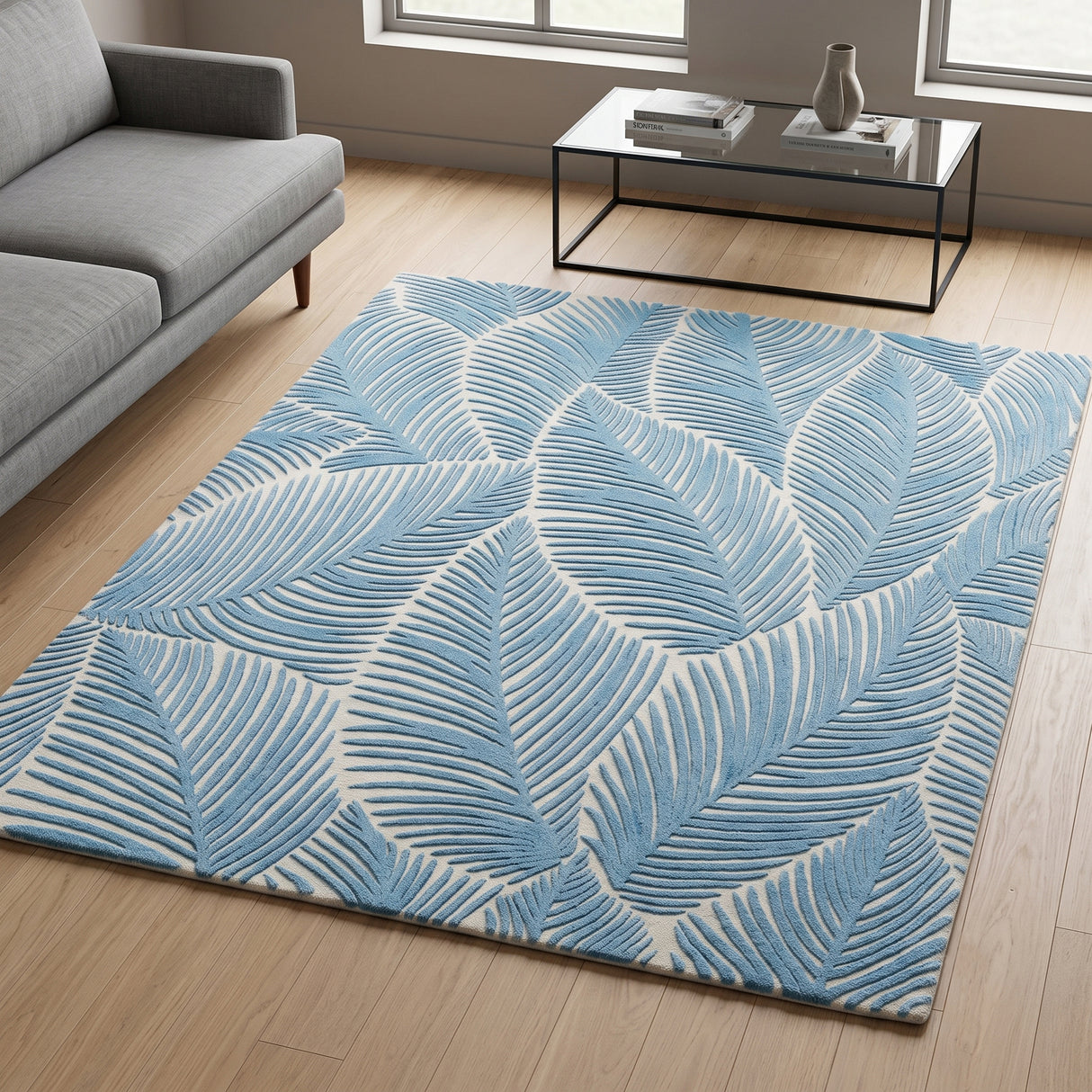 Hand Tufted Wool Area Rug, Tropical Palm Leaf Botanical Design