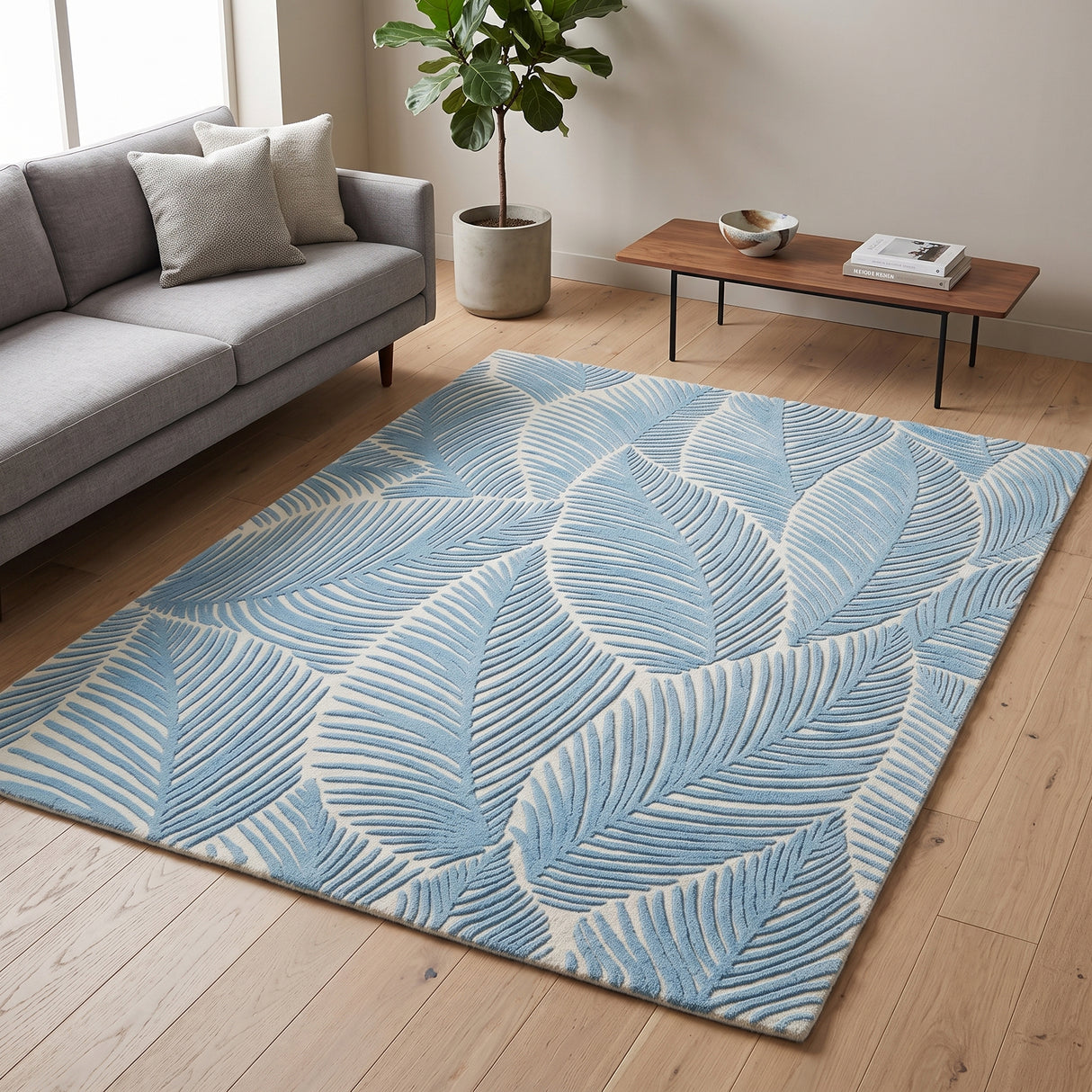 Hand Tufted Wool Area Rug, Tropical Palm Leaf Botanical Design