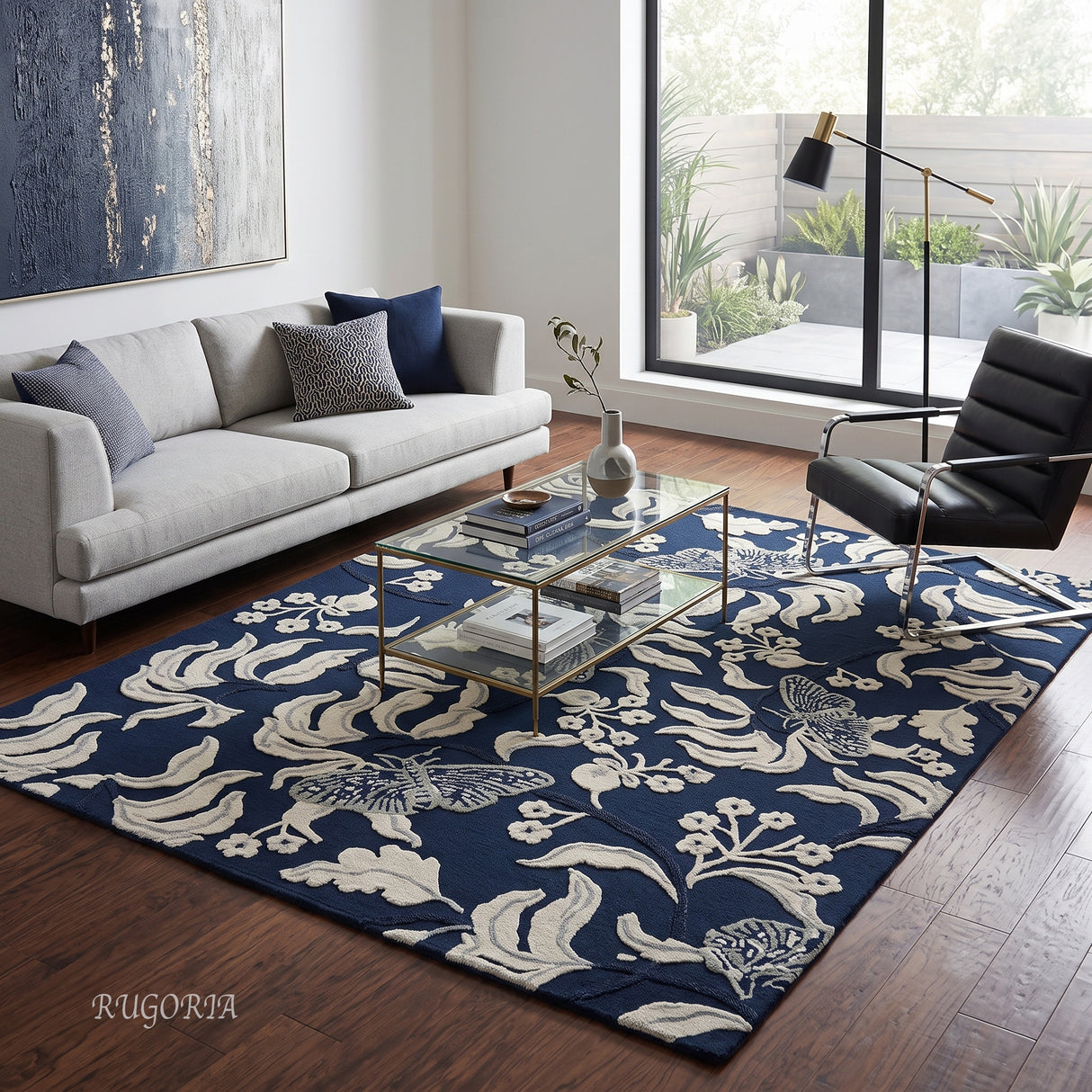 Hand Tufted Wool Rug, Floral Butterfly Botanical Pattern