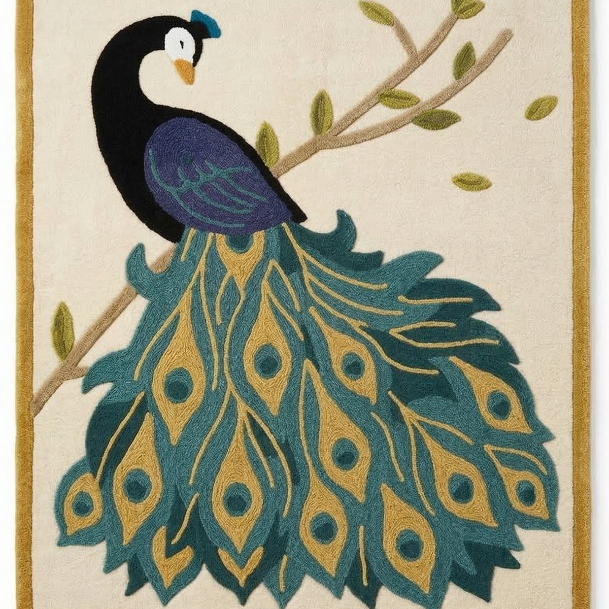 Peacock Hand Tufted Wool Rug with Framed Border, Nature Inspired Bird