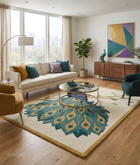 Peacock Hand Tufted Wool Rug with Framed Border, Nature Inspired Bird Pattern