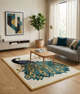 Peacock Hand Tufted Wool Rug with Framed Border, Nature Inspired Bird Pattern