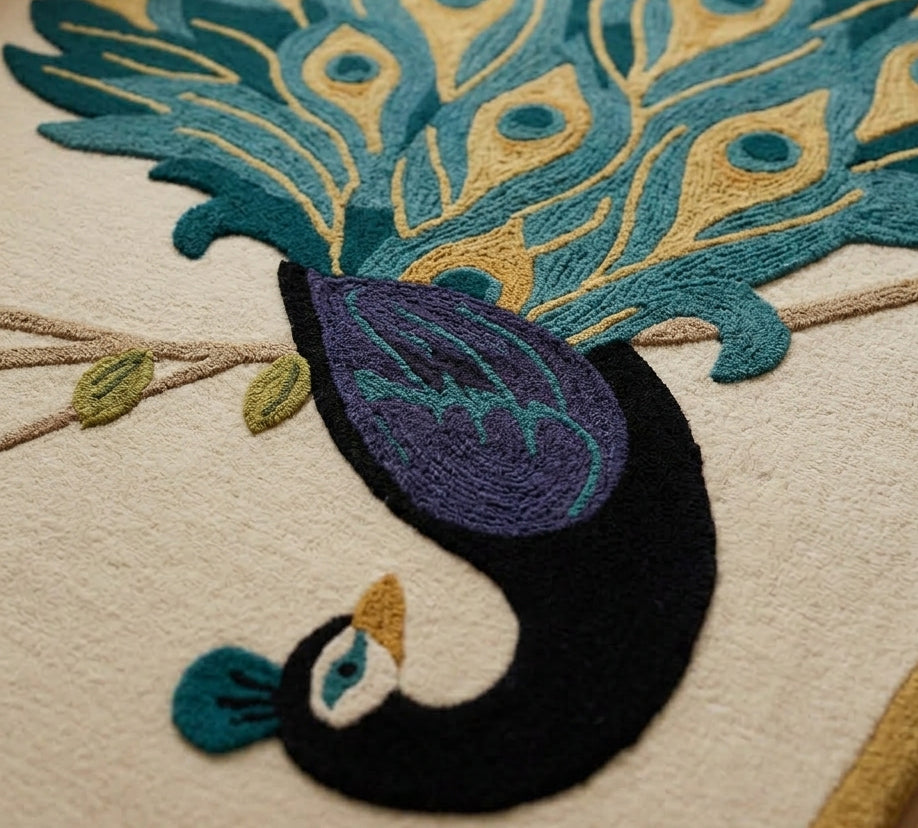 Peacock Hand Tufted Wool Rug with Framed Border, Nature Inspired Bird Pattern