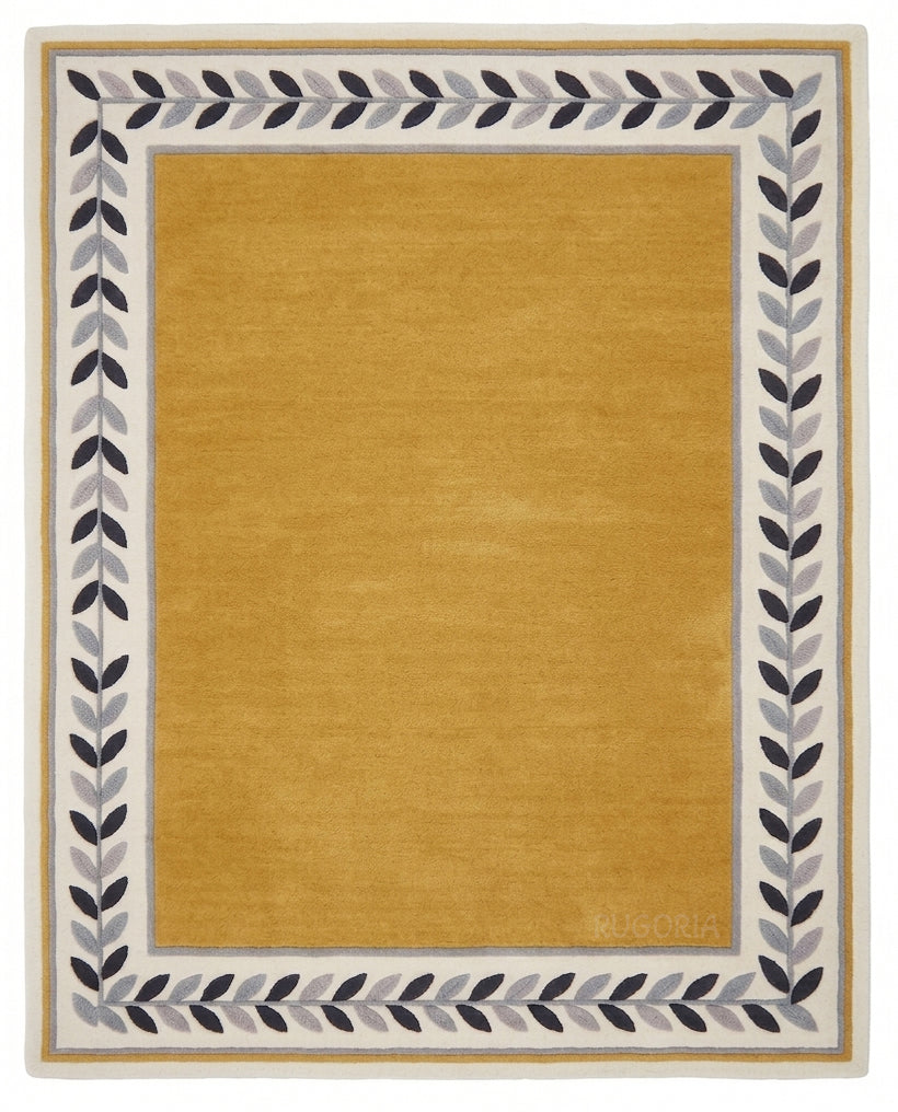 Modern Hand Tufted Wool Rug, Botanical Leaf Border Design