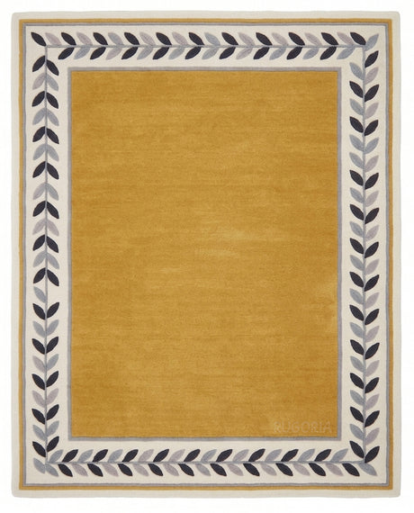 Modern Hand Tufted Wool Rug, Botanical Leaf Border Design