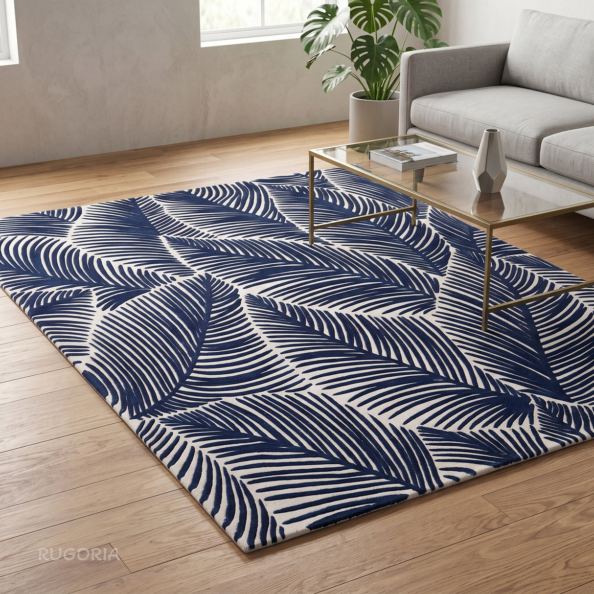 Hand Tufted Wool Area Rug, Tropical Palm Leaf Botanical Design
